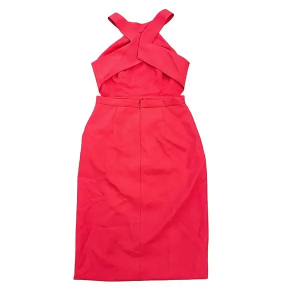 Cut Out Halter Dress BCBGMaxAzria Maryssa Size 10 Red/Orange Pink Stretch Ruffle - Picture 10 of 11